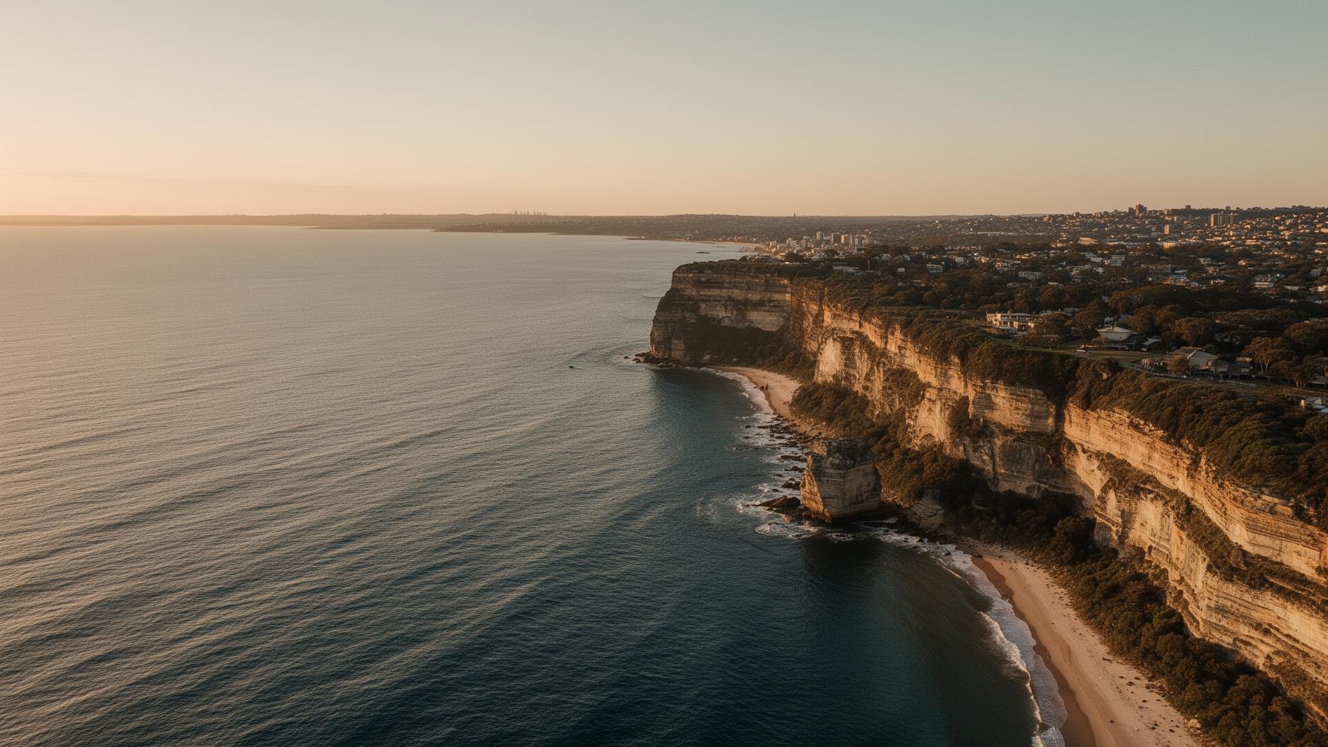 Aerial drone photograph of the Sydney coastline at golden hour